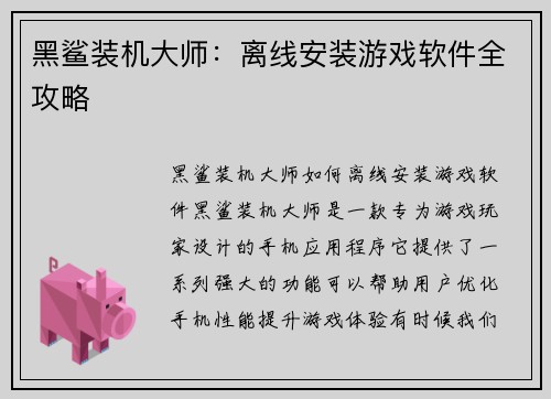 黑鲨装机大师：离线安装游戏软件全攻略